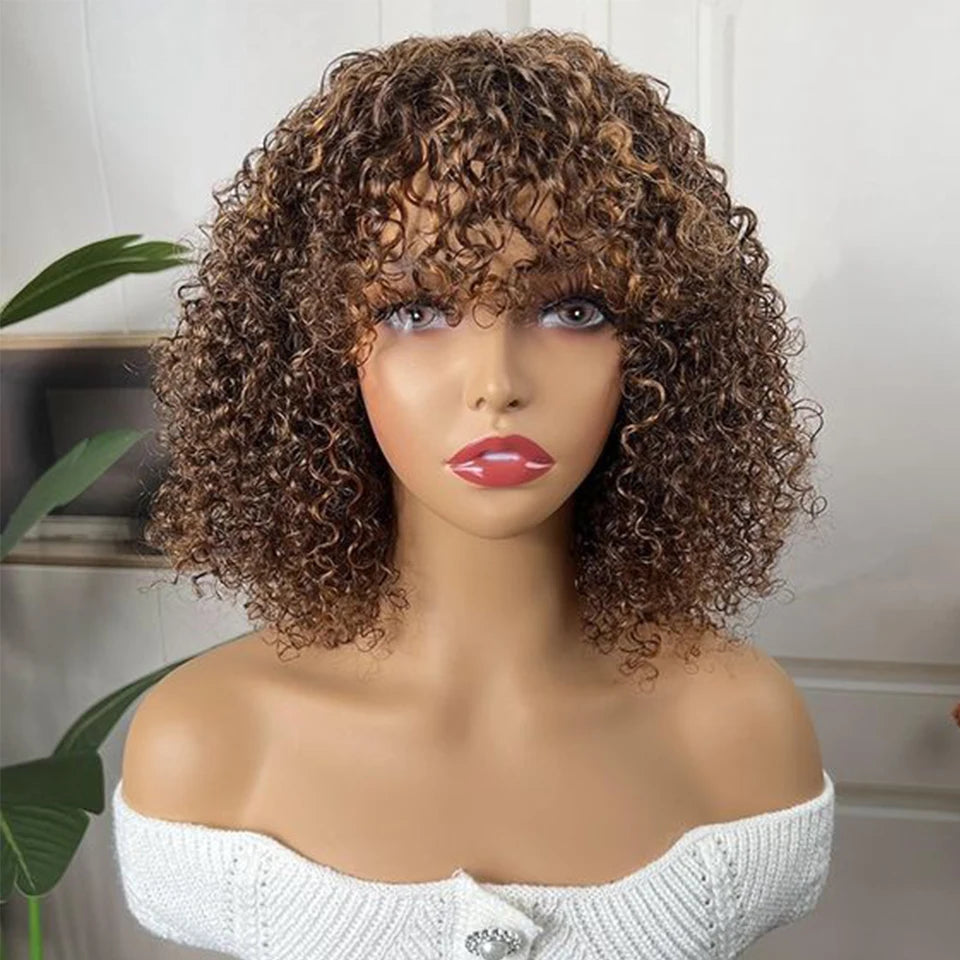 Jerry Curly Short Bob Human Hair Wigs With Bangs Wear To Go Glueless Wig Ombre 99J Water Wave Blonde Colored Wig For Women