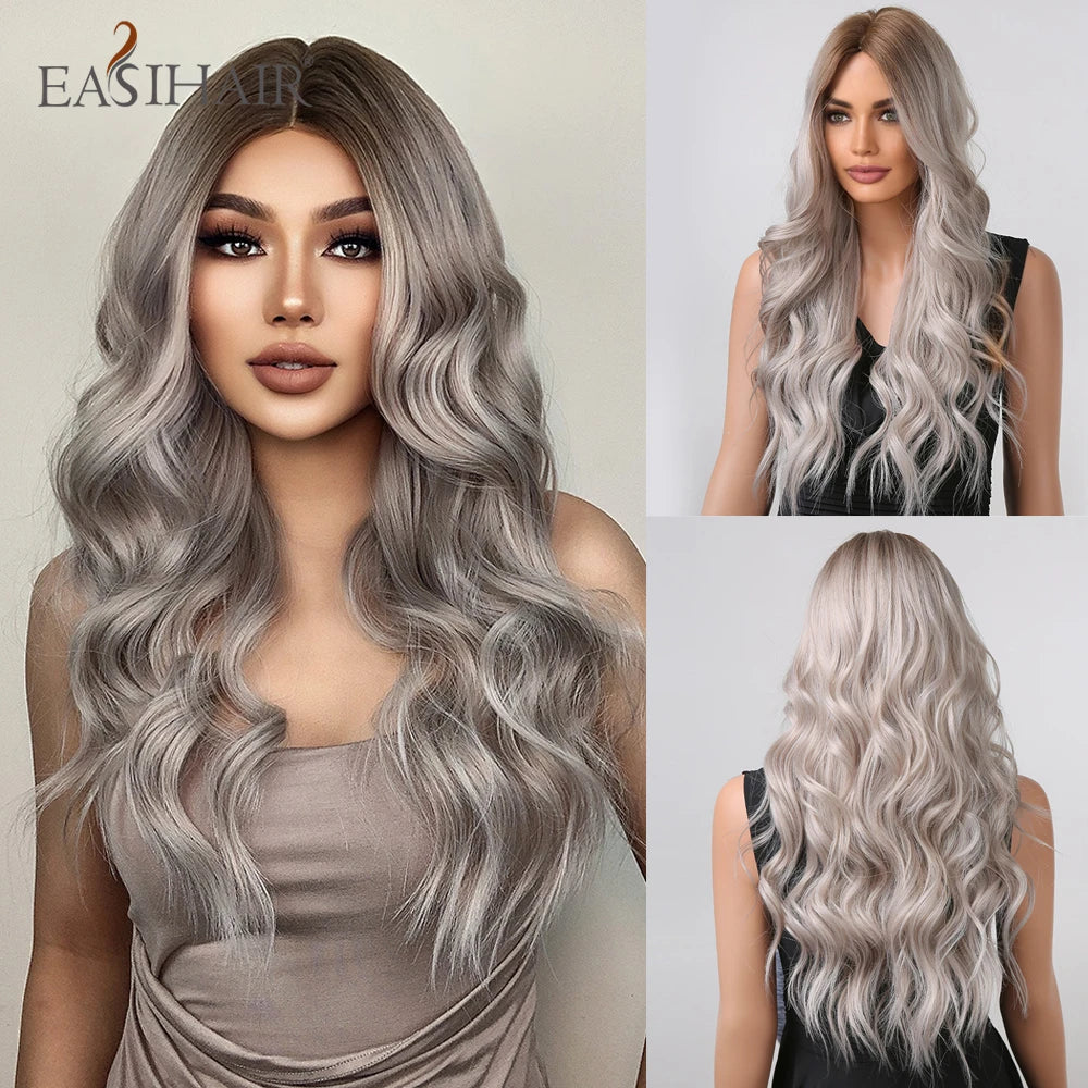 EASIHAIR Brown Black Kinky Curly Wave Synthetic Wigs with Bangs Deep Wave Long Hair Wigs for Women Daily Cosplay Heat Resistant