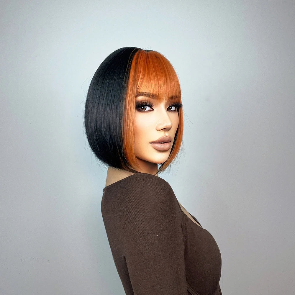 Short Straight Synthetic Wigs Black Mixed Ginger Orange Wigs for Women Natural Hair With Bangs Heat Resistant Daily Cosplay Wigs