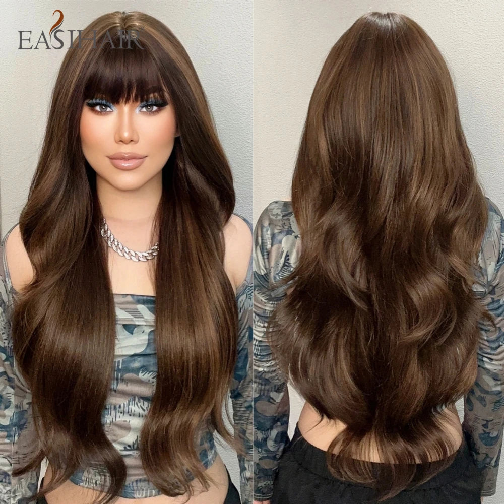 Dark Brown Synthetic Wigs with Bangs Long Curly Wavy Brown Wigs with Blonde Highlights for Afro Women Daily Party Heat Resistant
