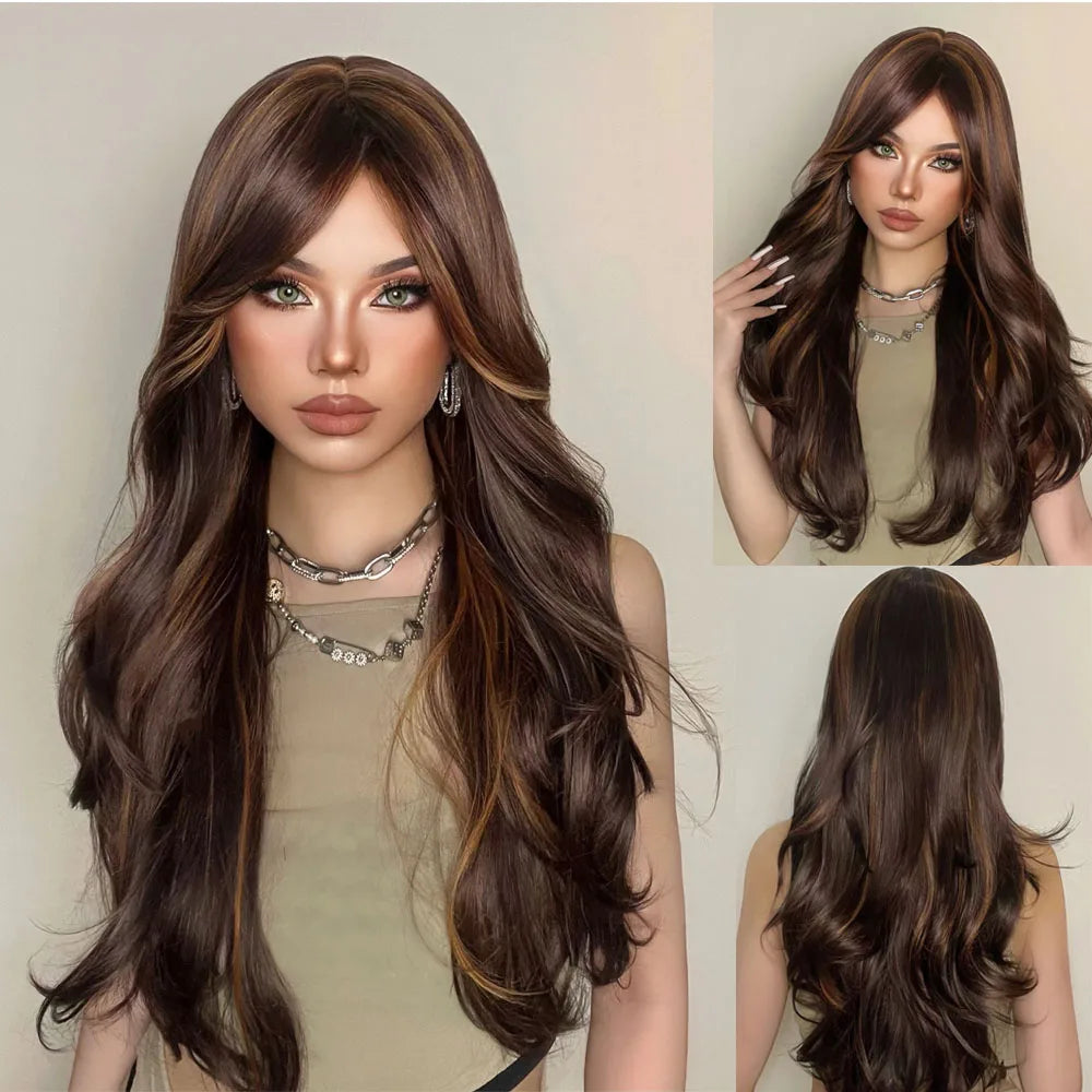 HENRY MARGU Long Wavy Brown Red Orange Wigs with Bangs Cosplay Party Heat Resistant Synthetic Hair Wigs for Black Women Afro