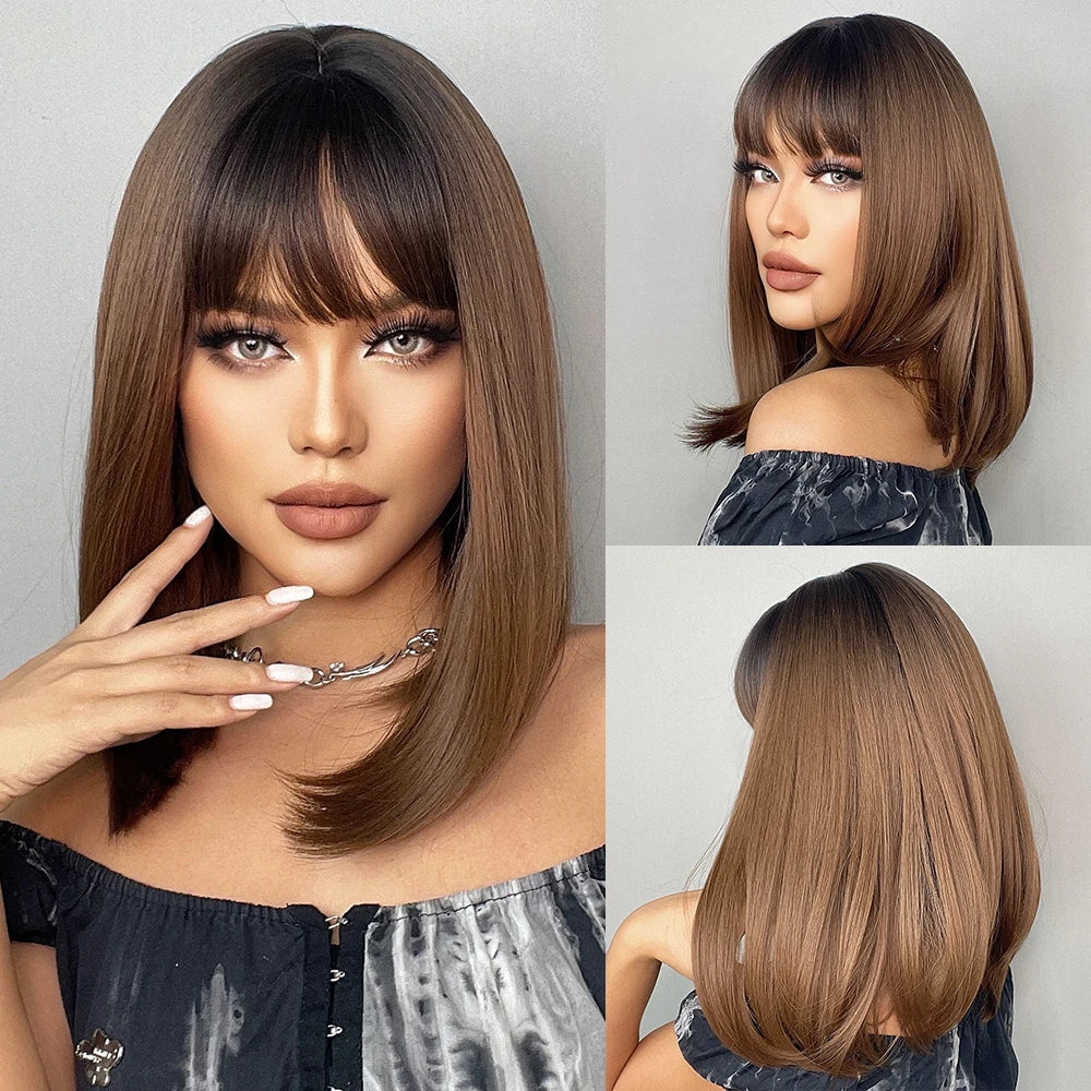 HENRY MARGU Brown Short Bob Straight Wigs with Pink Highlight Women Brown Daily Wig Synthetic Hair Wig with Bangs Heat Resistant