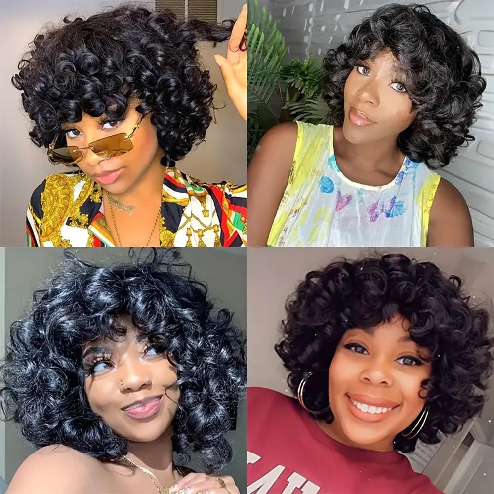 Ready to Wear Funmi Curly Full Machine Made Short Bob Wig with Bangs Glueless Loose Curly Vietnamese Human Hair Wigs for Women