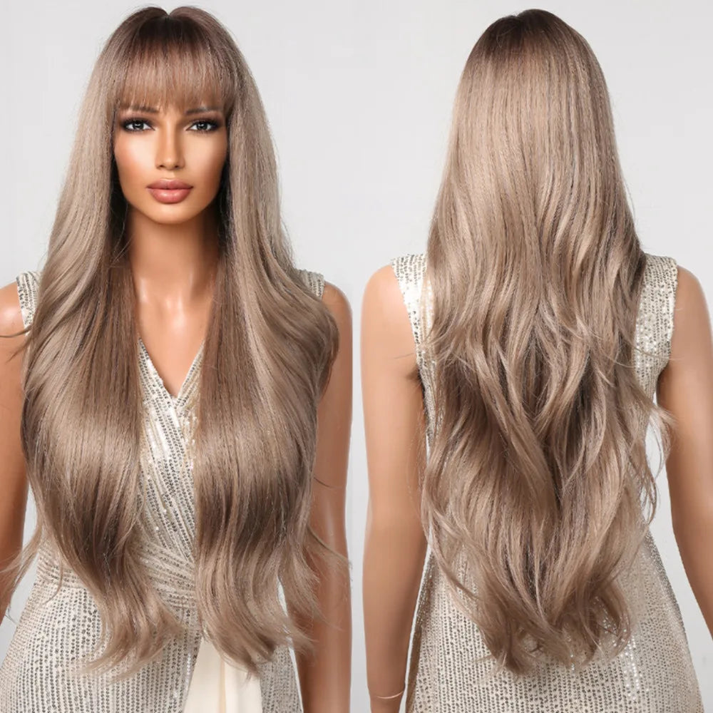 ALAN EATON Ombre Blonde Brown Wave Synthetic Wig Long Natural Looking Hair Wigs with Bangs for Women Daily Heat Resistant Fiber