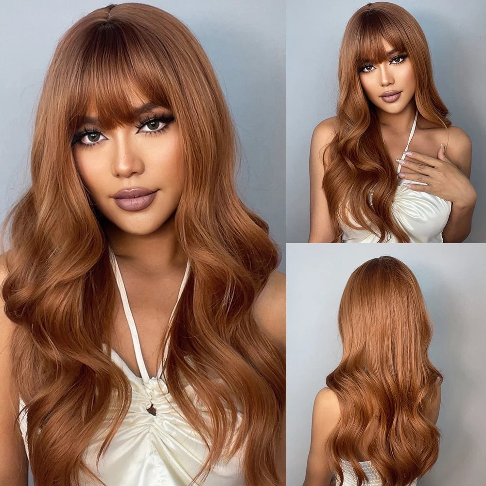 HENRY MARGU Long Wavy Brown Red Orange Wigs with Bangs Cosplay Party Heat Resistant Synthetic Hair Wigs for Black Women Afro