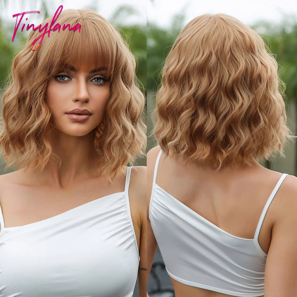 Bob Blue Curly Wavy Wigs with Bangs Short Colorful Cosplay Wigs for Women Afro Halloween DaiIy Natural Heat Resistant Fake Hair