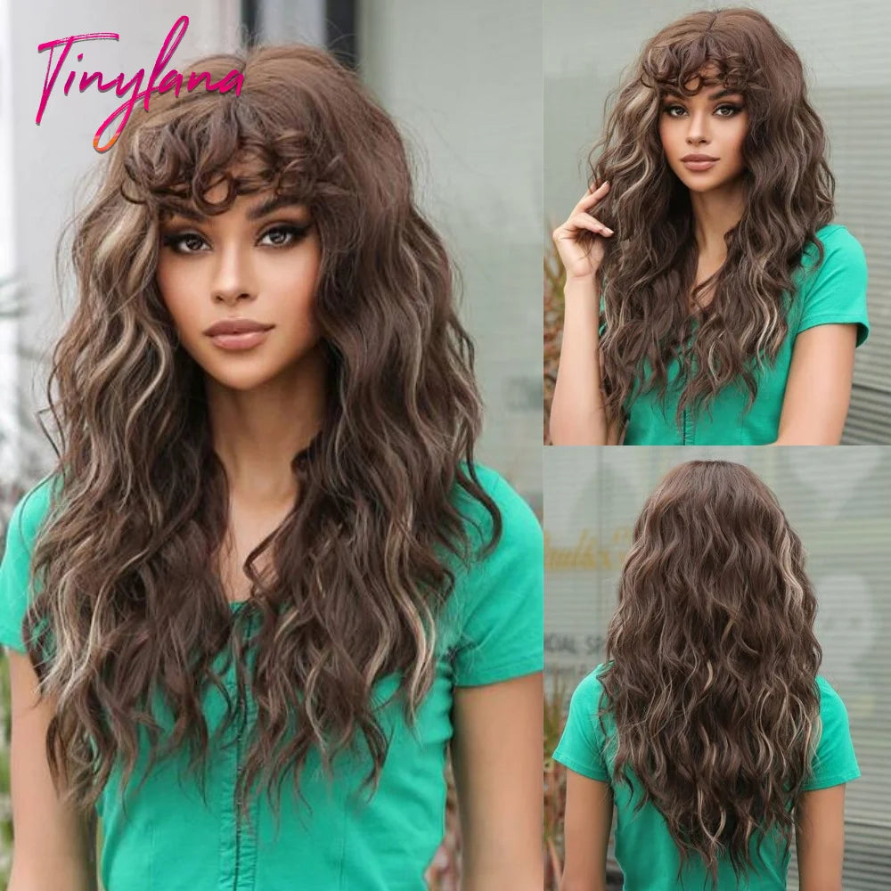 Long Curly White Platinum Synthetic Wigs with Bangs for Women Afro Cosplay Lolita Wavy Wig Natural Hair Heat Reisitant Daily Use