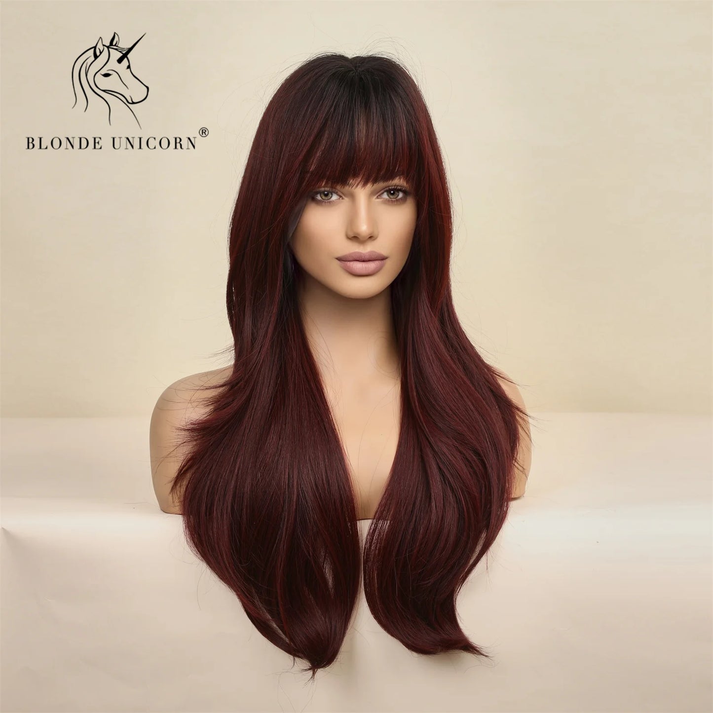 Blonde Unicorn Cherry Red Wig Synthetic Long Wavy Wig with Bangs Daily Party Cosplay Hair Wigs for Women Heat Resistant Fiber