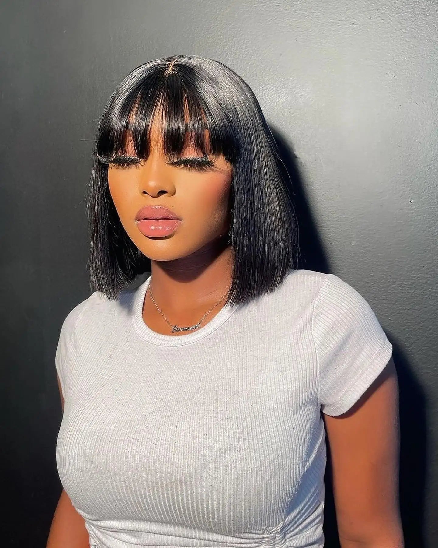 Glueless Straight Human Hair Wig With Bangs Short Bob Wig Human Hair Pre Plucked Brazilian Black Hair For Women Ready To Wear