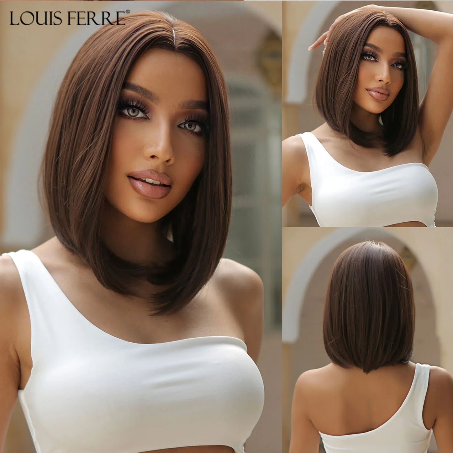 LOUIS FERRE Blonde Short Bob Wigs with Bangs Heat Resistant Synthetic Daily Cosplay Ombre Blonde Hair Wigs for White/Black Women