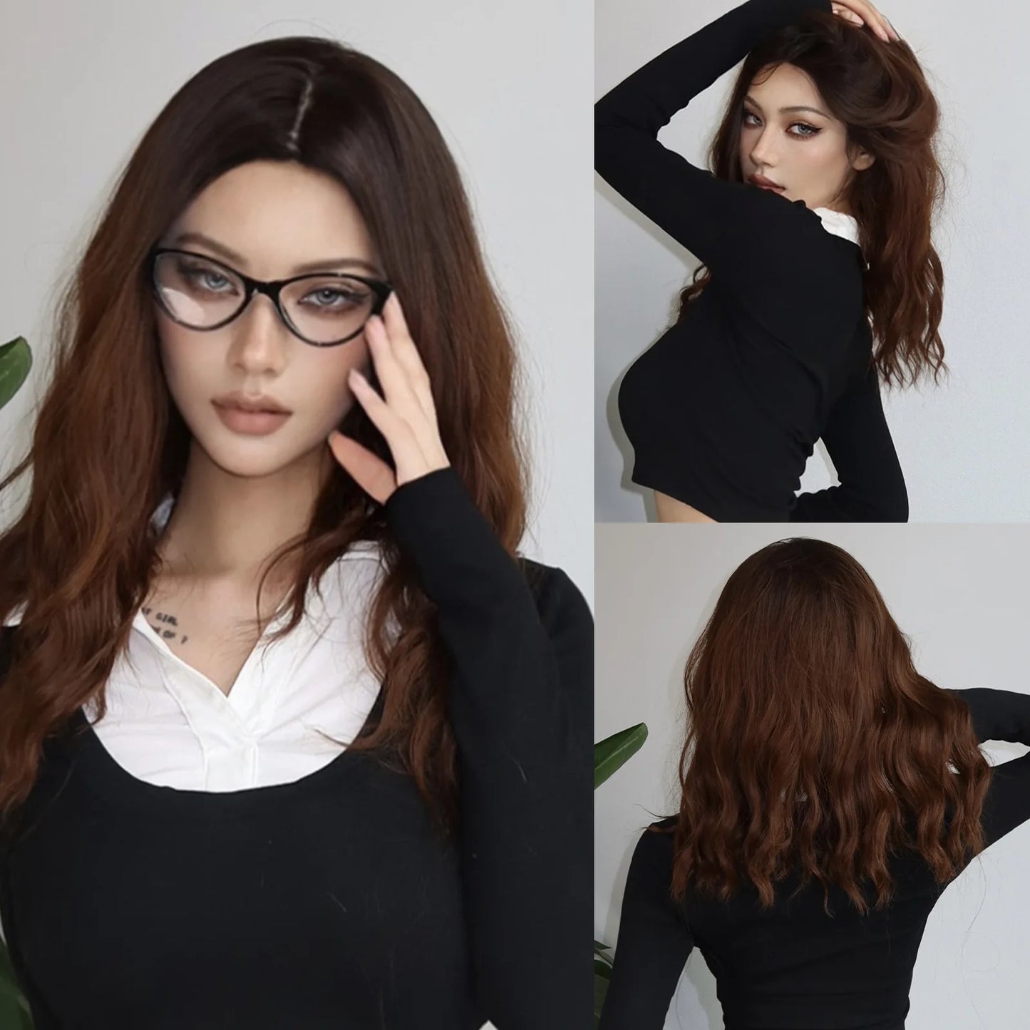 LOUIS FERRE Dark Brown Long Wavy Natural Hair Women's Synthetic Wig With Bangs Long Water Wave Daily Cosplay Hair Heat Resistant