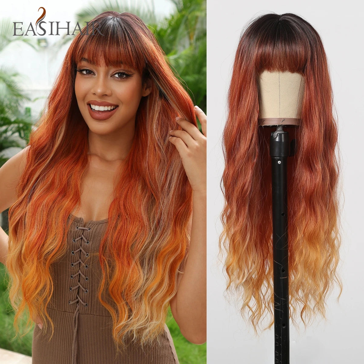 EASIHAIR Sandy Blonde Golden Wavy Synthetic Wigs with Long Bangs Cosplay Lolita Party Hair Wigs for Women Natural Heat Resistant