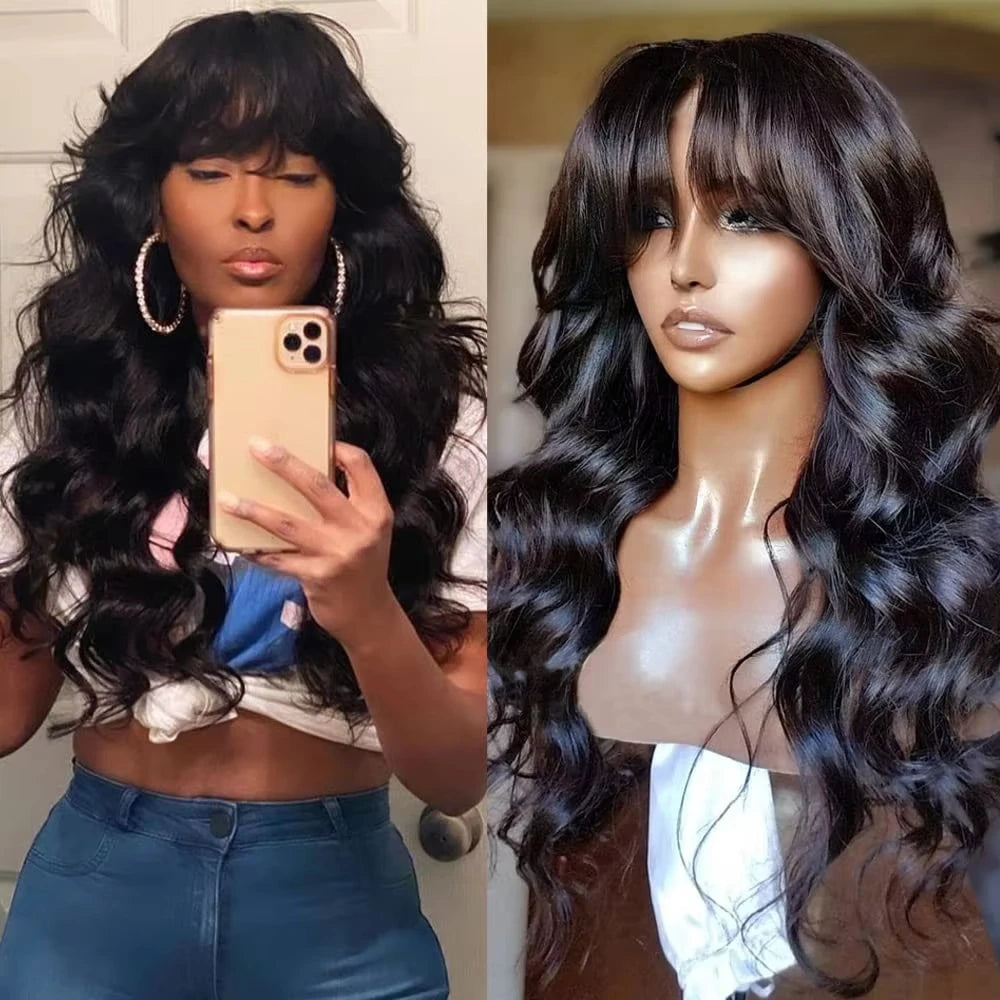 Varlea 200% Density Body Wave Human Hair Wigs Full Woven With Bangs Wig No Lace Wig Loose Body Wave Short Bob Human Hair Wigs