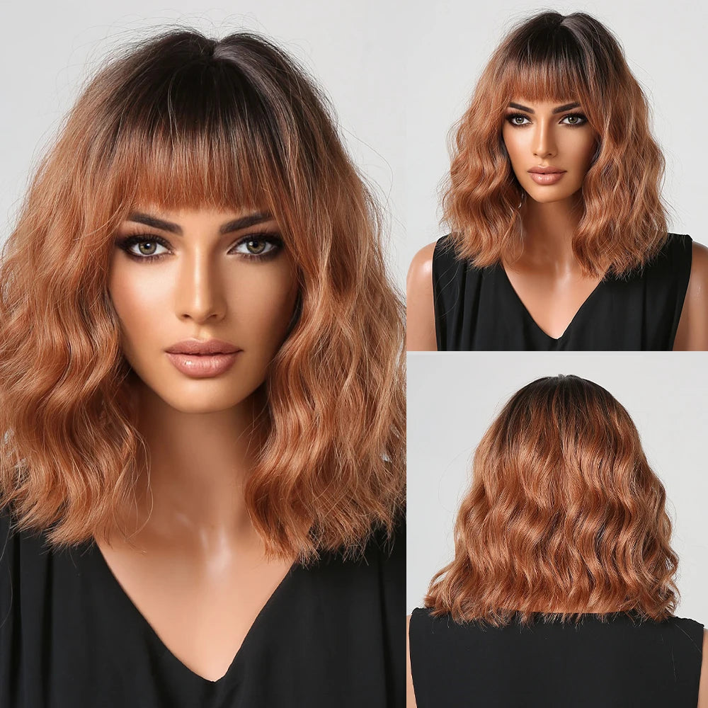 Rose Blonde Brown Short Bob Synthetic Wigs with Bangs Ash Blonde Natural Loose Wave Wig for Women Cosplay Heat Resistant Hair