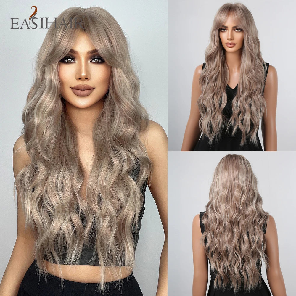 EASIHAIR Brown Black Kinky Curly Wave Synthetic Wigs with Bangs Deep Wave Long Hair Wigs for Women Daily Cosplay Heat Resistant