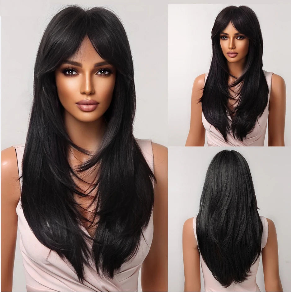 Gray Ash Blonde Pink Highlight Synthetic Hair Wigs with Bangs Long Straight Ombre Cosplay Wig for Women Natural Layered Hair