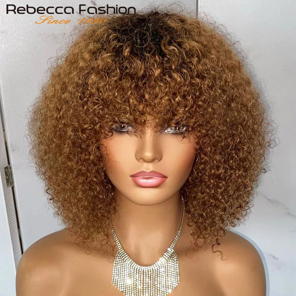 Jerry Curly Short Bob Human Hair Wigs With Bangs Wear To Go Glueless Wig Ombre 99J Water Wave Blonde Colored Wig For Women