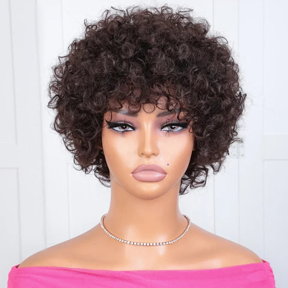 Brazilian Afro Puff Pixie Bob Wig 99J Natural Brown Full Machine Made Pre-Plucked Bangs 100% Human Hair For Black Women