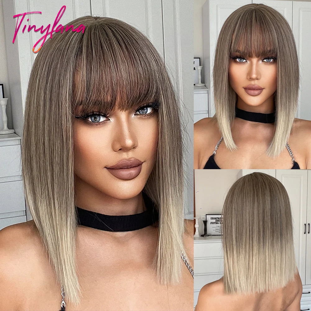 Long Wavy Gray Ash Brown Blonde Ombre Synthetic Wigs with Bangs Cosplay Natural Curly Hair Wig for Women Afro Heat Resistant