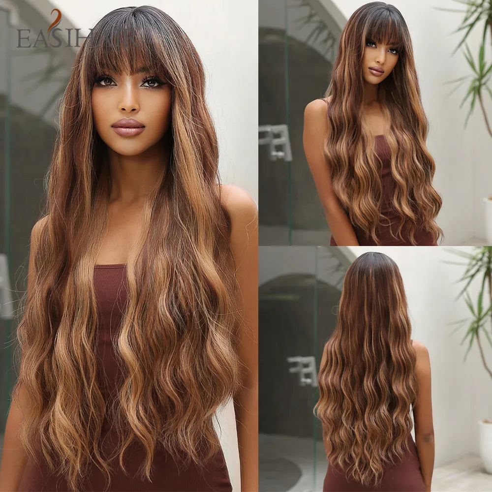 EASIHAIR Brown Black Kinky Curly Wave Synthetic Wigs with Bangs Deep Wave Long Hair Wigs for Women Daily Cosplay Heat Resistant