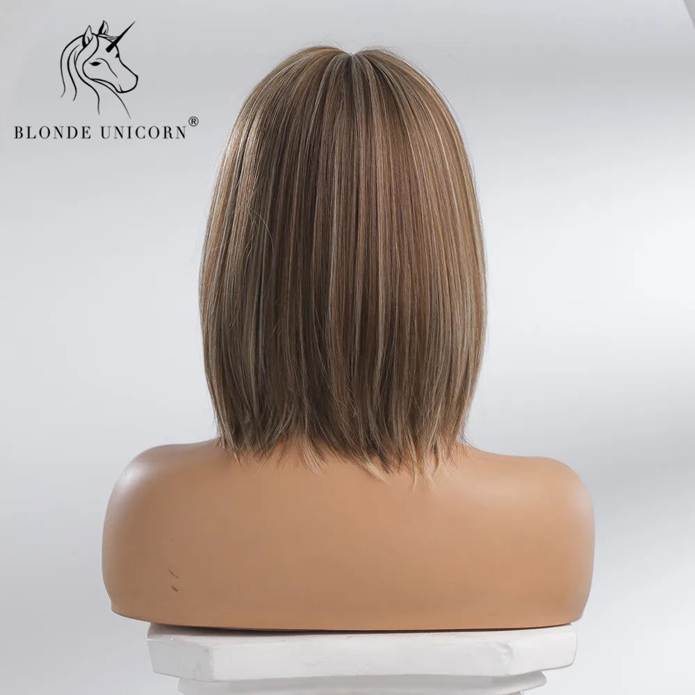 BLONDE UNICORN Synthetic Wig Natural Short Bob Wig Brown Blonde Straight Hair With Bangs Daily Use For Women Heat Resistant