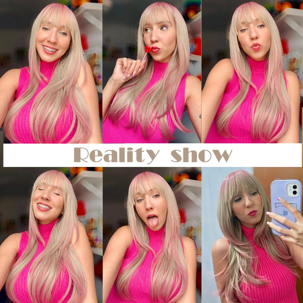 Gray Ash Blonde Pink Highlight Synthetic Hair Wigs with Bangs Long Straight Ombre Cosplay Wig for Women Natural Layered Hair