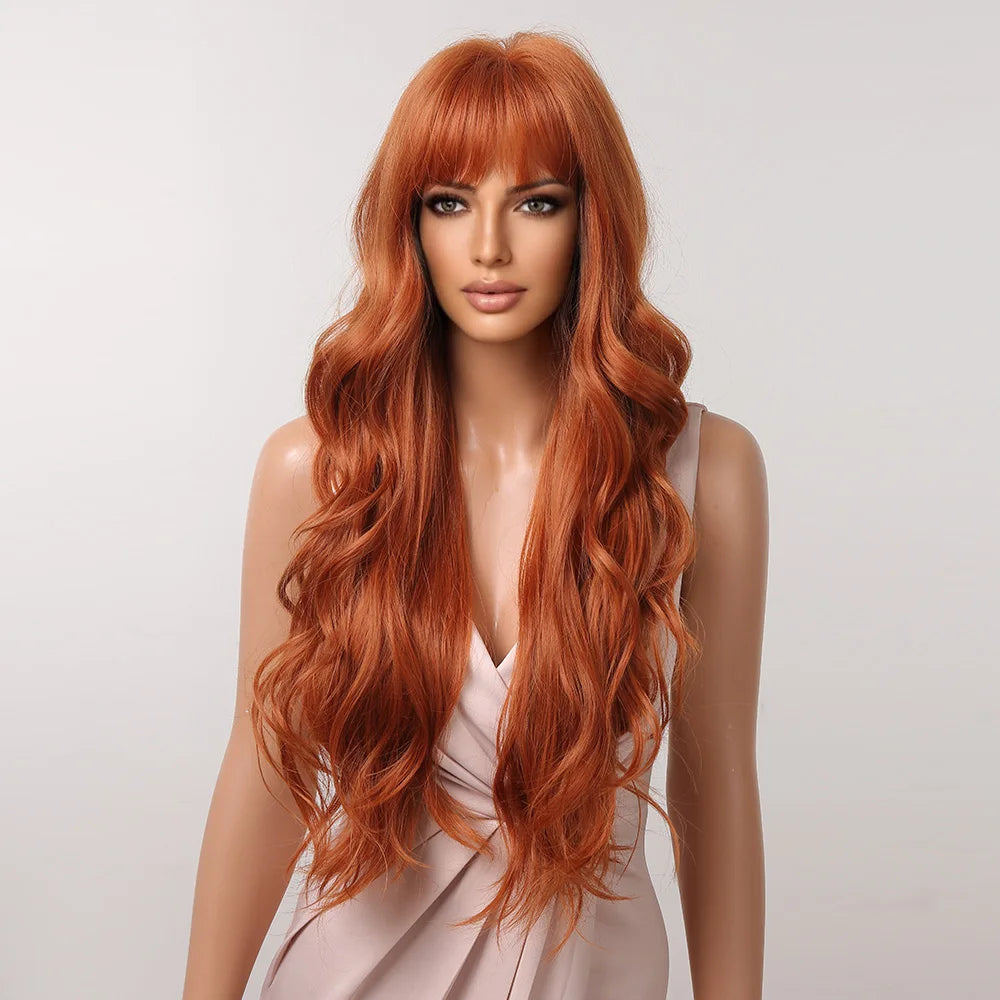 Orange Copper Red Yellow Synthetic Wigs Long Wavy Ginger Wig with Bangs for Women Natural Cosplay Body Wave Heat Resistant Hair