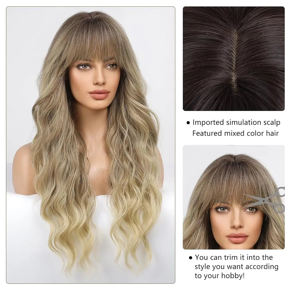 Ombre Light Brown Wigs with Bangs Blonde Highlight Long Curly Wavy Synthetic Wigs for Women Daily Cosplay Party Heat Resistant