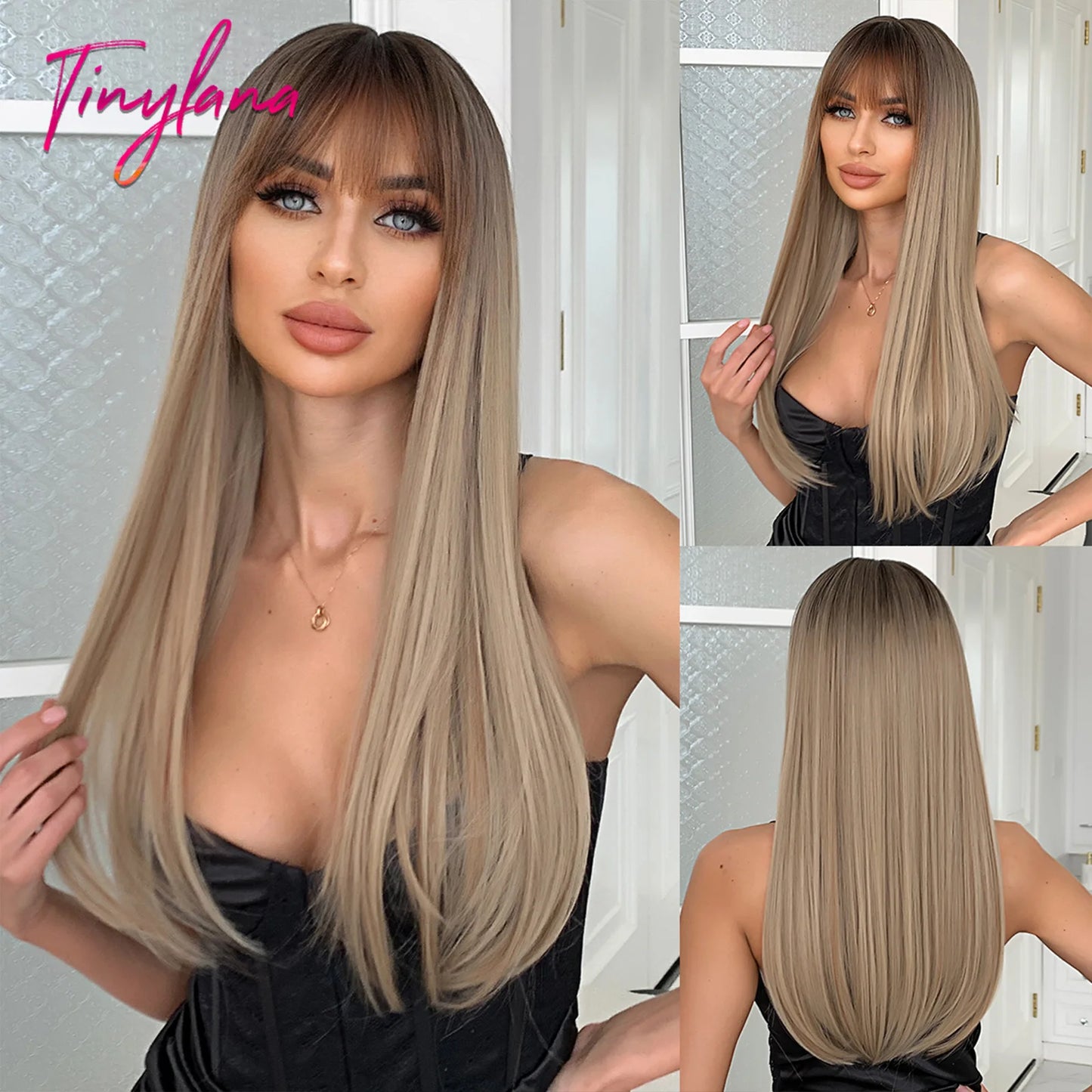 Ombre Gray Brown Synthetic Wigs Long Straight Ash Cosplay Wig with Bangs for Women Afro Natural Party Daily Heat Resistant Hair
