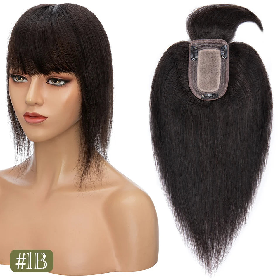 TESS Women Topper 7x12.5cm Hair Toppers With Bangs Natural Hair Wig Human Hair Silk Base Center Part Hair Clip In Hair Extension