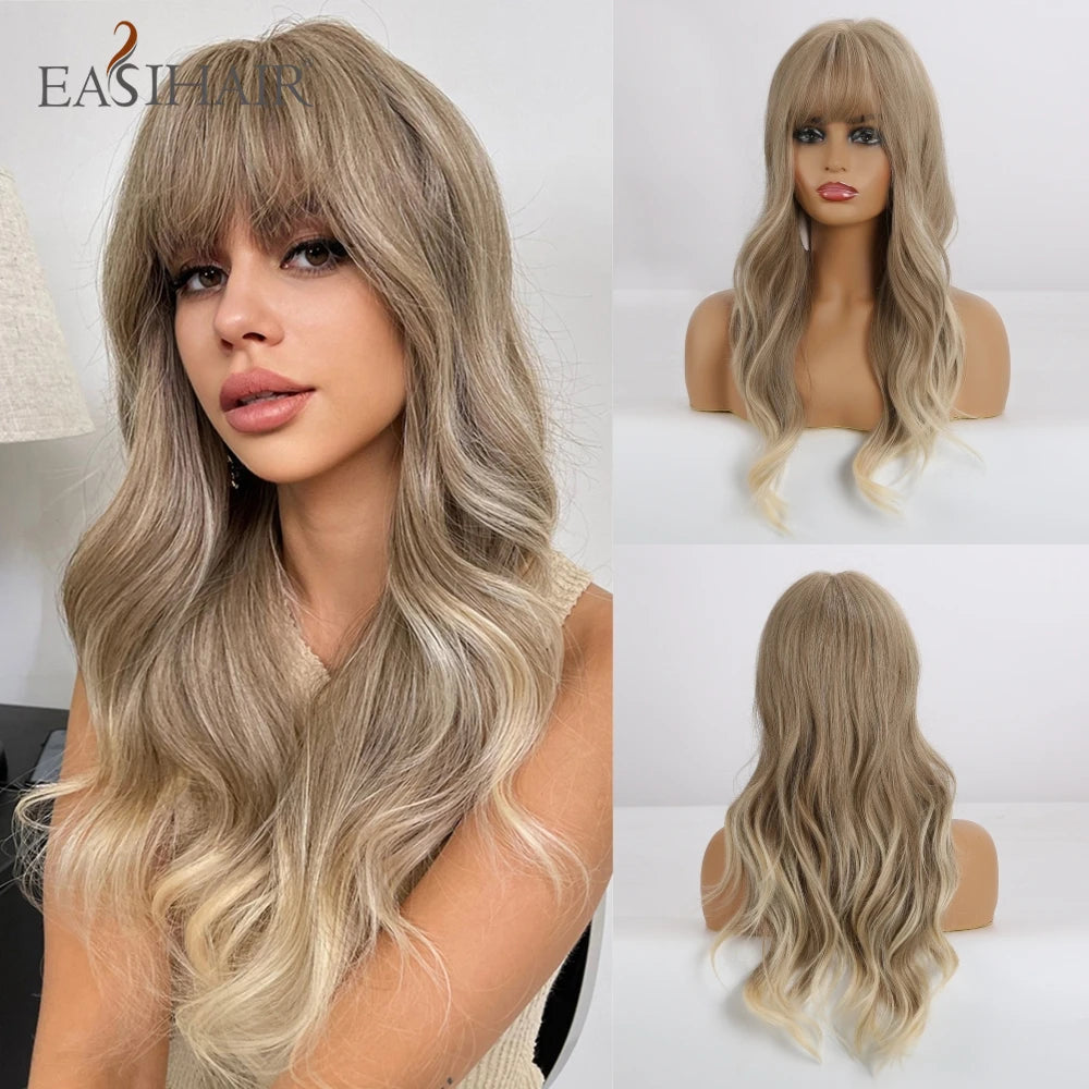 Dark Brown Synthetic Wigs with Bangs Long Curly Wavy Brown Wigs with Blonde Highlights for Afro Women Daily Party Heat Resistant