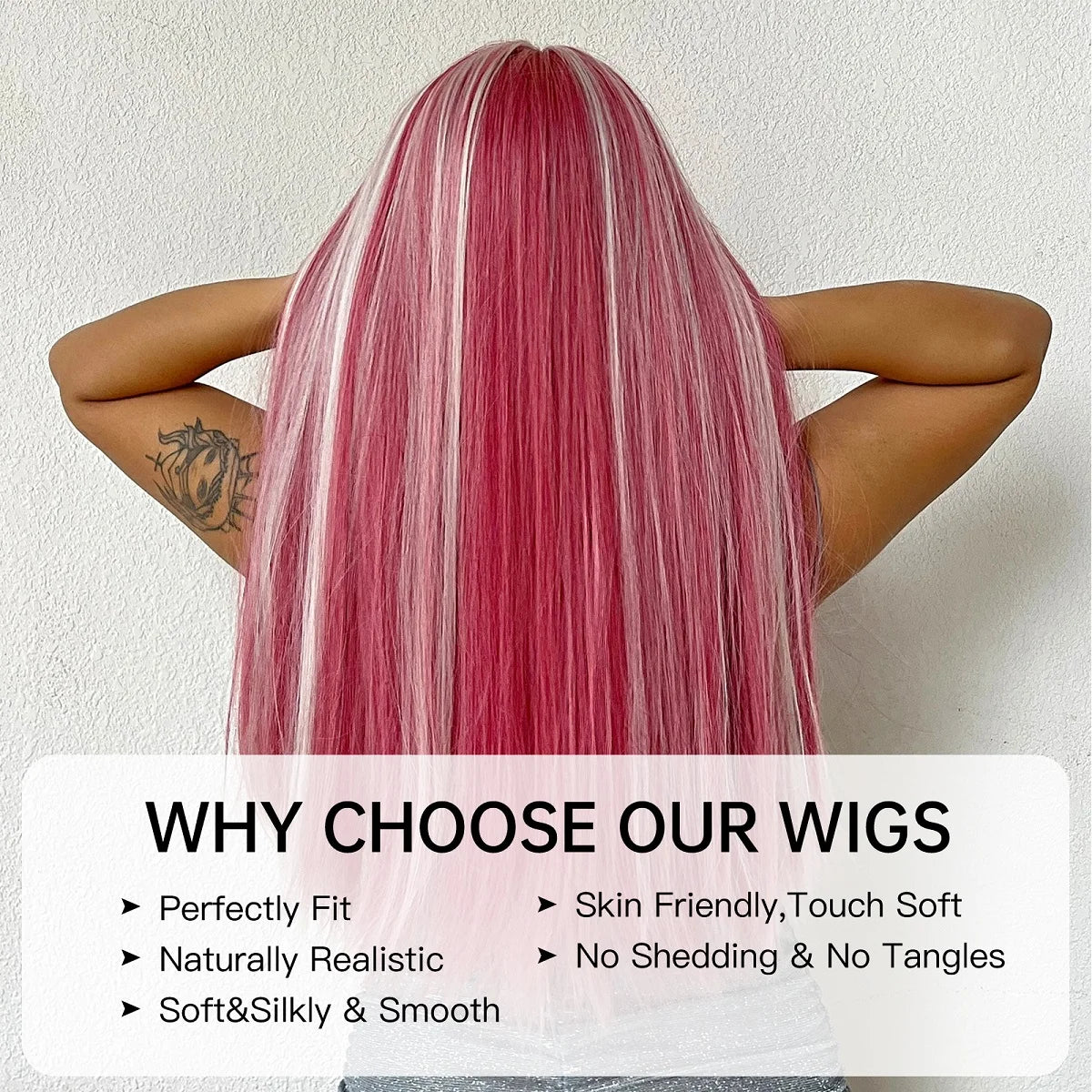 Long Straight Pink Mixed White Synthetic Wigs with Bangs Halloween Cosplay Colorful Wigs for Women Natural Hair Heat Resistant