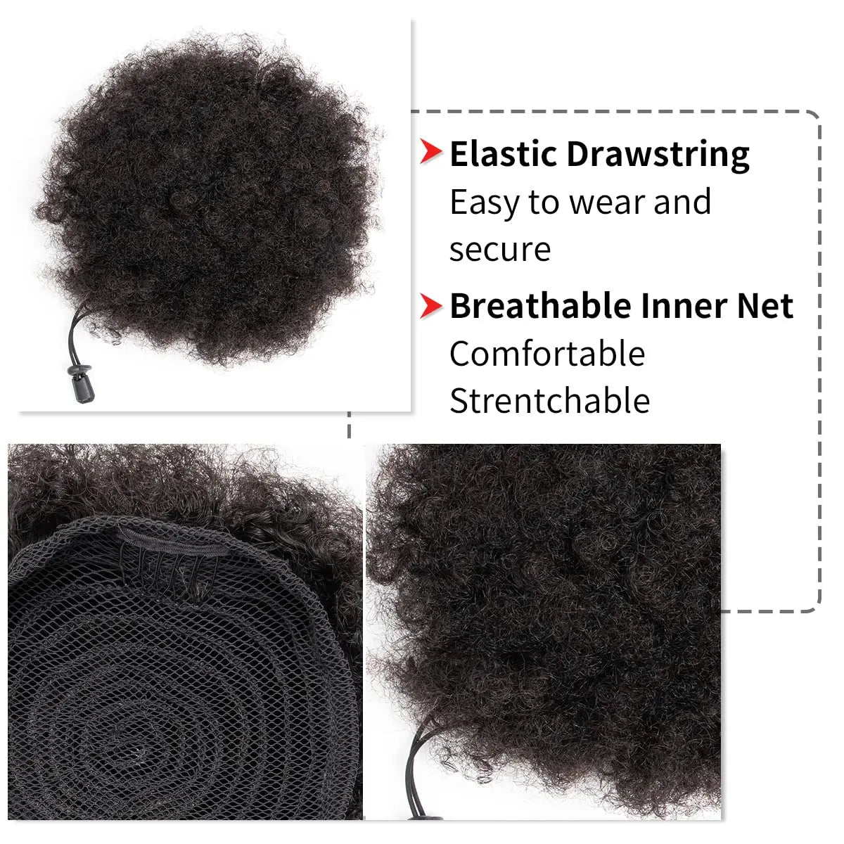100% Human Hair Afro Puff Drawstring Ponytail Short Curly Afro Bun Hair Extension Natural Black 1B# Hairpiece with Two Clips