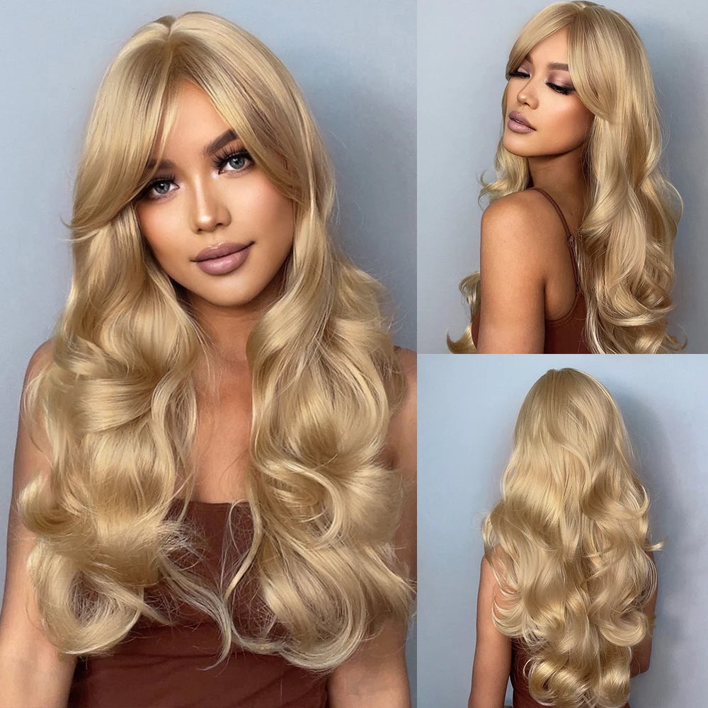 Blonde Ginger Yellow Lolita Cosplay Synthetic Wigs Long Curly Wavy Natural Hair with Bangs for Women Party Heat Resistant Wig