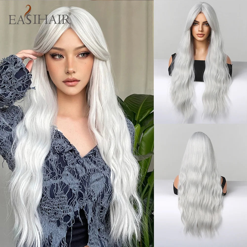 EASIHAIR Sandy Blonde Golden Wavy Synthetic Wigs with Long Bangs Cosplay Lolita Party Hair Wigs for Women Natural Heat Resistant