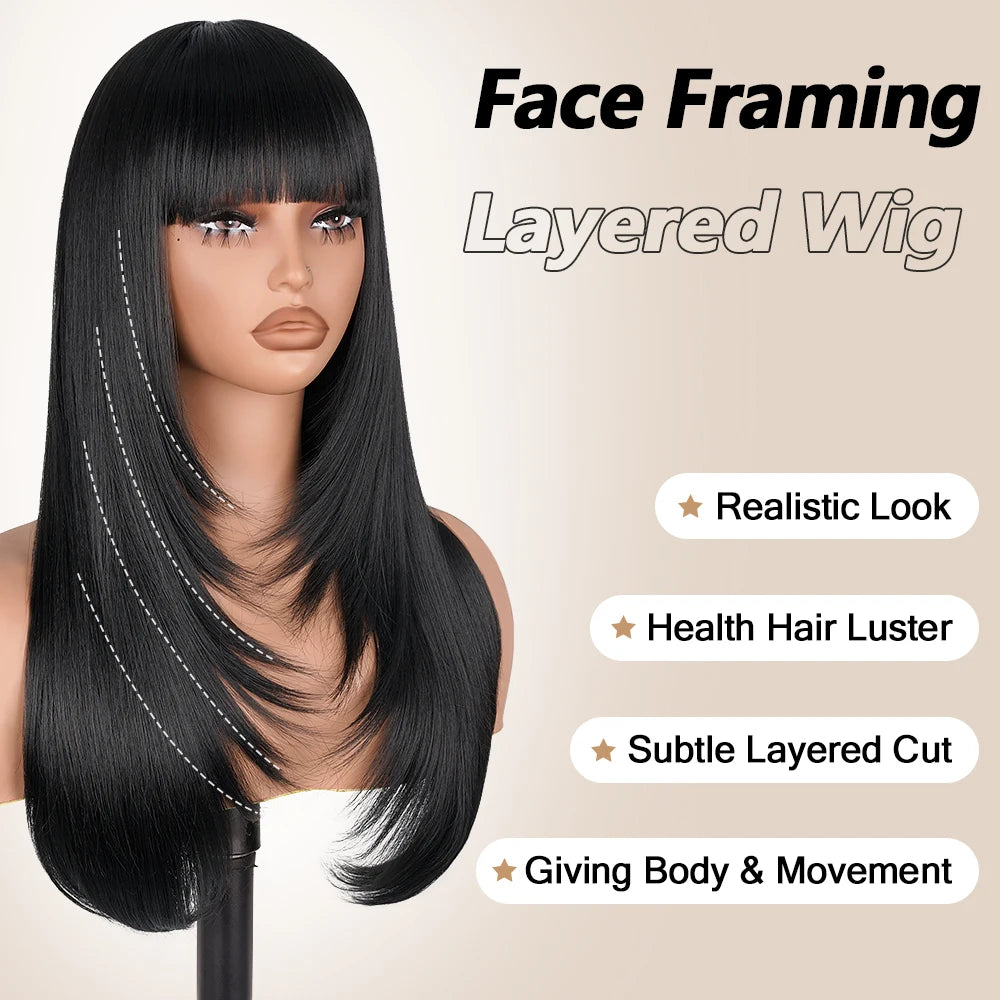 Reddish Brown Straight Layered Cut Lace Wigs with Bangs HD Lace Fake Scalp Synthetic Natural Layered Lace Front Wig Glueless Wig