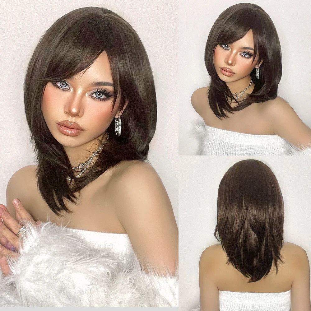 HENRY MARGU Brown Short Bob Straight Wigs with Pink Highlight Women Brown Daily Wig Synthetic Hair Wig with Bangs Heat Resistant