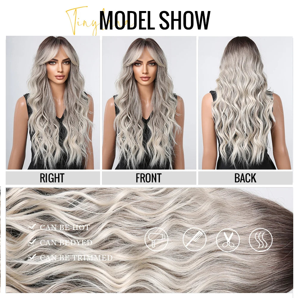 Long Wavy Gray Ash Brown Blonde Ombre Synthetic Wigs with Bangs Cosplay Natural Curly Hair Wig for Women Afro Heat Resistant