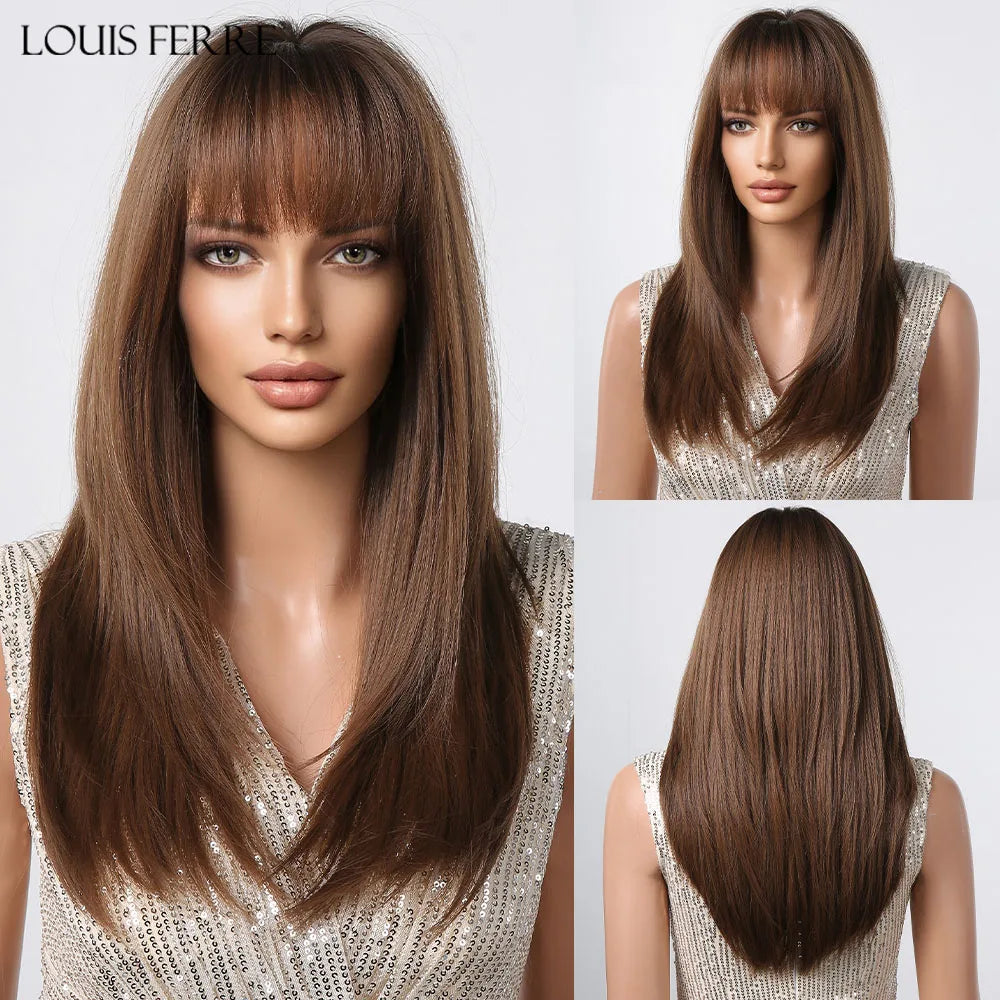 LOUIS FERRE Short Straight Synthetic Wigs for Women Brown Bob Wigs with Bangs Daily Cosplay Medium Length Heat Resistant Hair