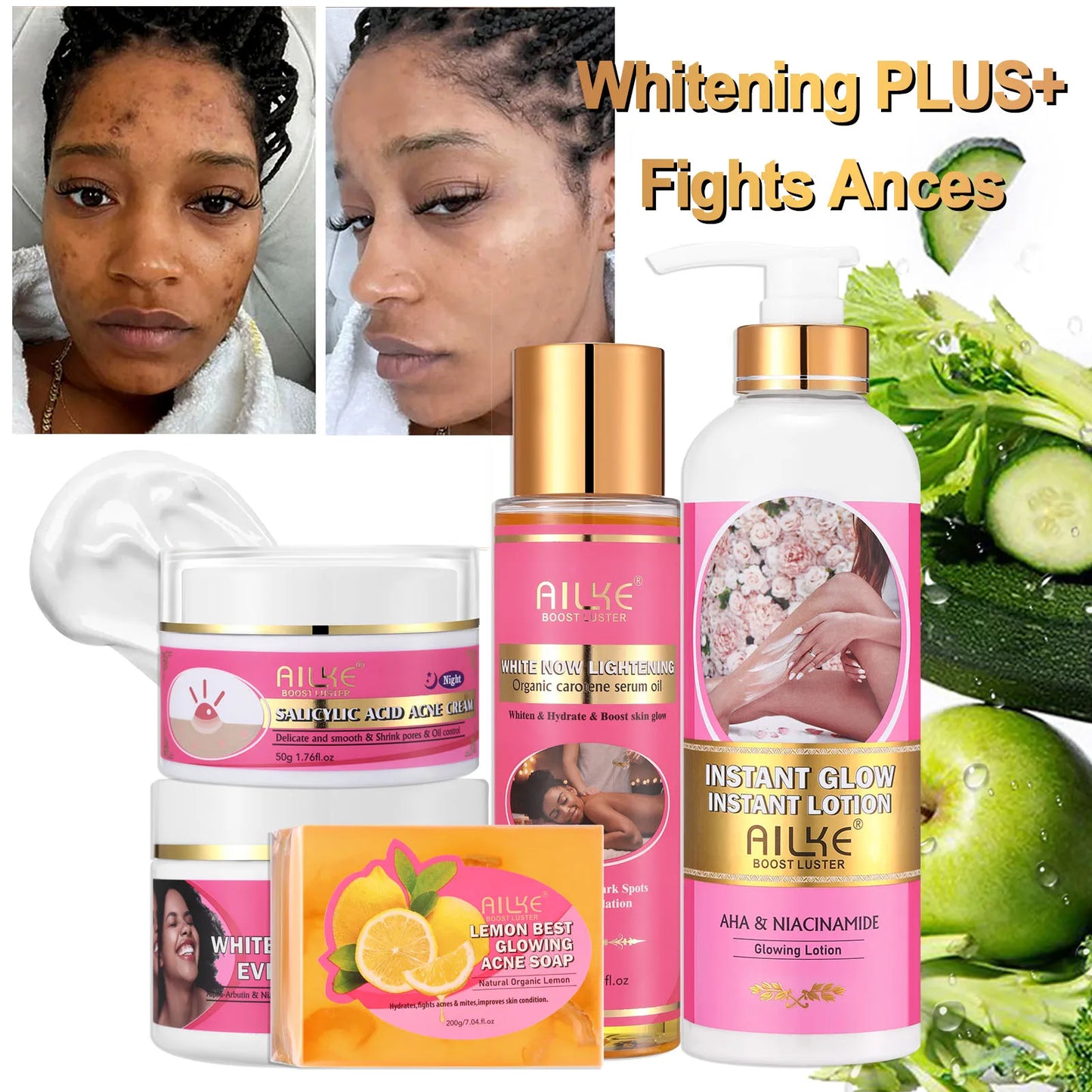 AILKE Brightening Skin Care Set, Reduce Dark Spots, Acne, Moisturizing, Nourishing and Smooth Skin, Non-Greasy, Absorb Instantly