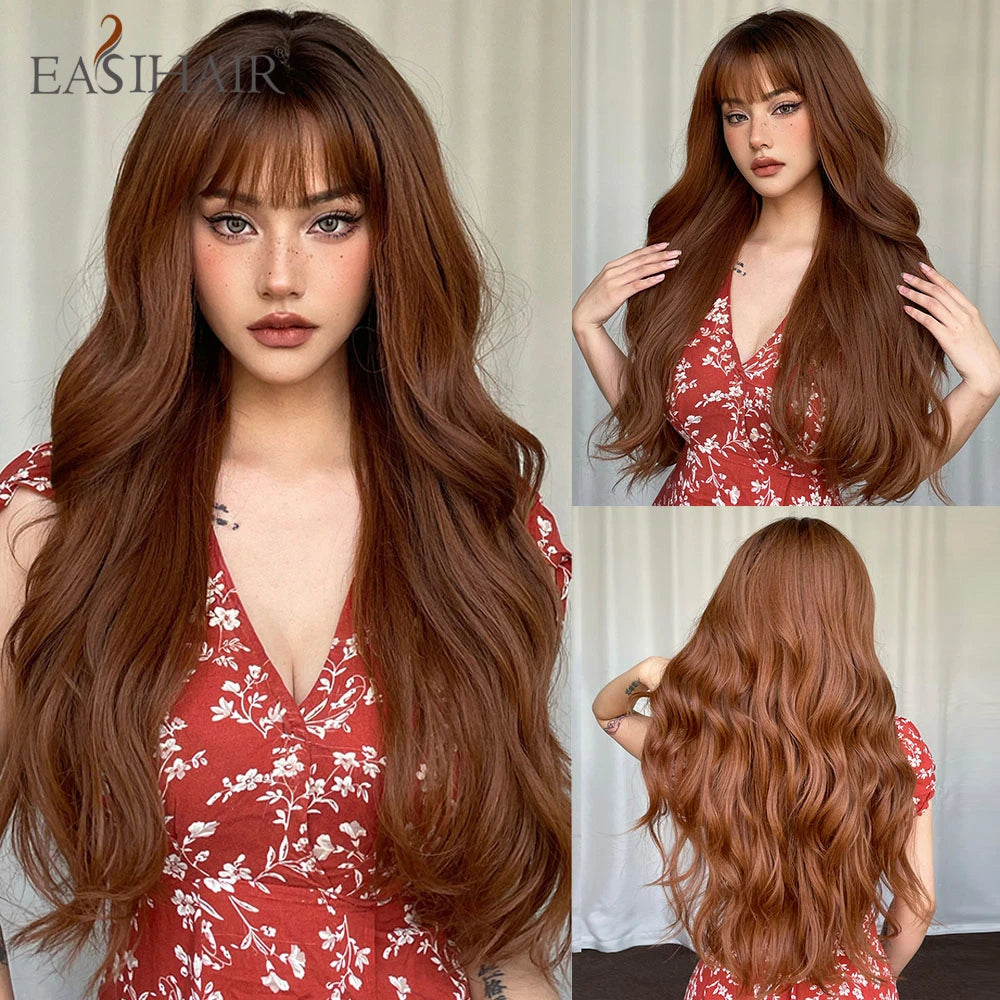 Ombre Light Brown Wigs with Bangs Blonde Highlight Long Curly Wavy Synthetic Wigs for Women Daily Cosplay Party Heat Resistant