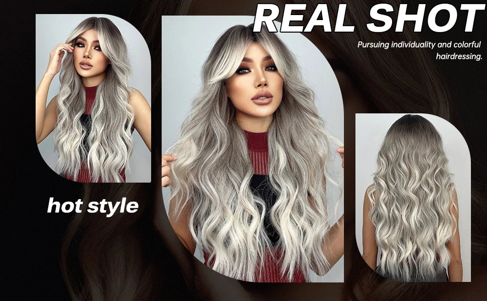 Long Wavy Gray Ash Brown Blonde Ombre Synthetic Wigs with Bangs Cosplay Natural Curly Hair Wig for Women Afro Heat Resistant