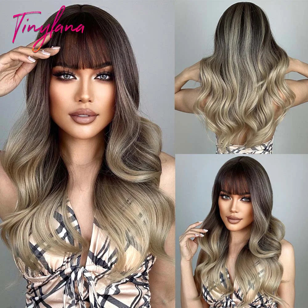 Blonde Ginger Yellow Lolita Cosplay Synthetic Wigs Long Curly Wavy Natural Hair with Bangs for Women Party Heat Resistant Wig