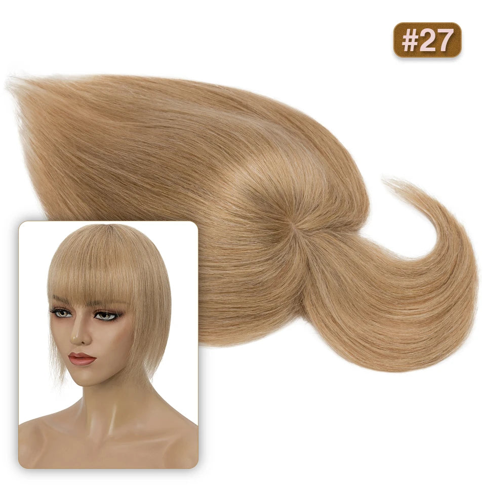 S-noilite 8.5x8.5cm Hair Topper Human Hair Cilp Center Crown Wig With Bangs Clip In Natural Hair Extension Hair Vortex Hairpiece