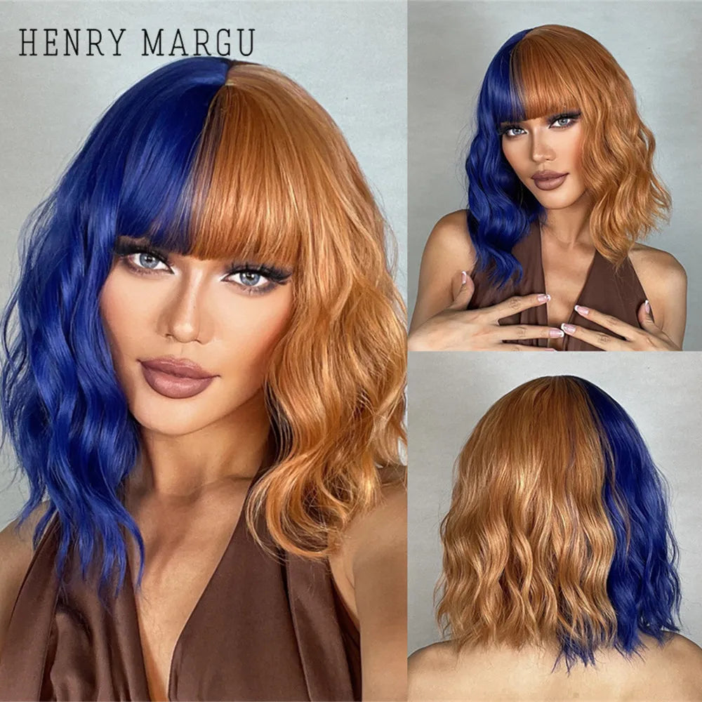 HENRY MARGU Short Half Black And Half White Wig Curly Wavy Shoulder Length Synthetic Hair Cosplay Wig with Bangs for Halloween