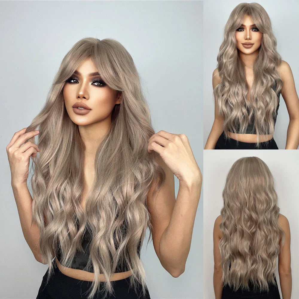 HENRY MARGU Long Natural Wavy Platinum Blonde Wigs with Bangs Cosplay Party Lolita Synthetic Wigs for Women Heat Resistant Fiber