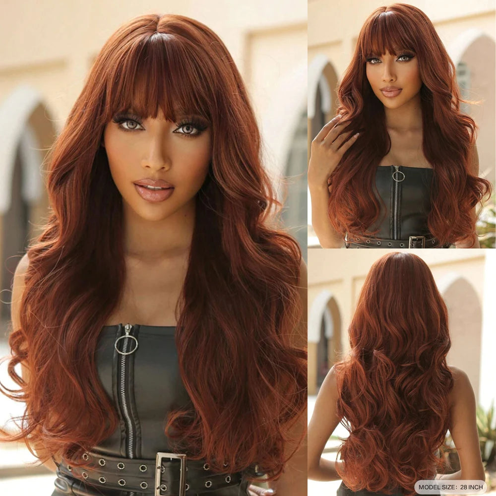 Blonde Ginger Yellow Lolita Cosplay Synthetic Wigs Long Curly Wavy Natural Hair with Bangs for Women Party Heat Resistant Wig