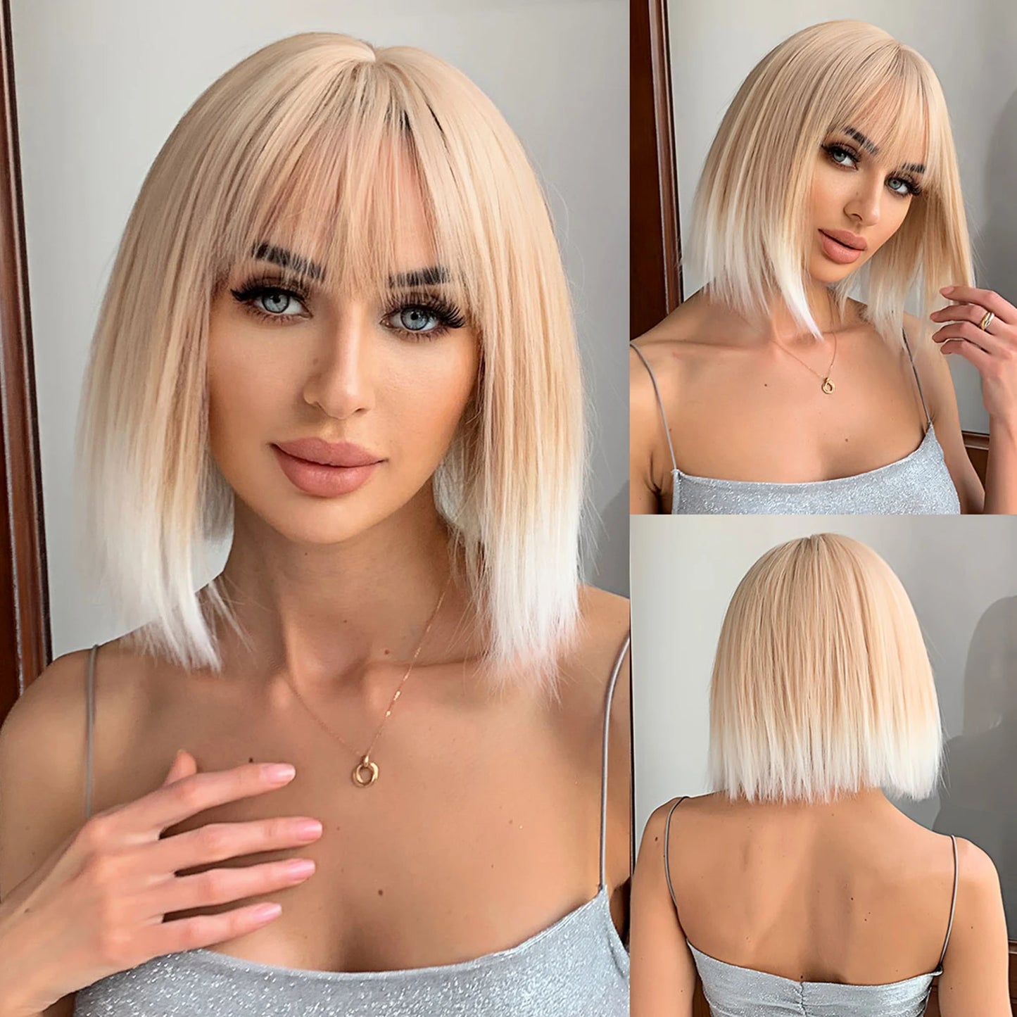LOUIS FERRE Blonde Short Bob Wigs with Bangs Heat Resistant Synthetic Daily Cosplay Ombre Blonde Hair Wigs for White/Black Women