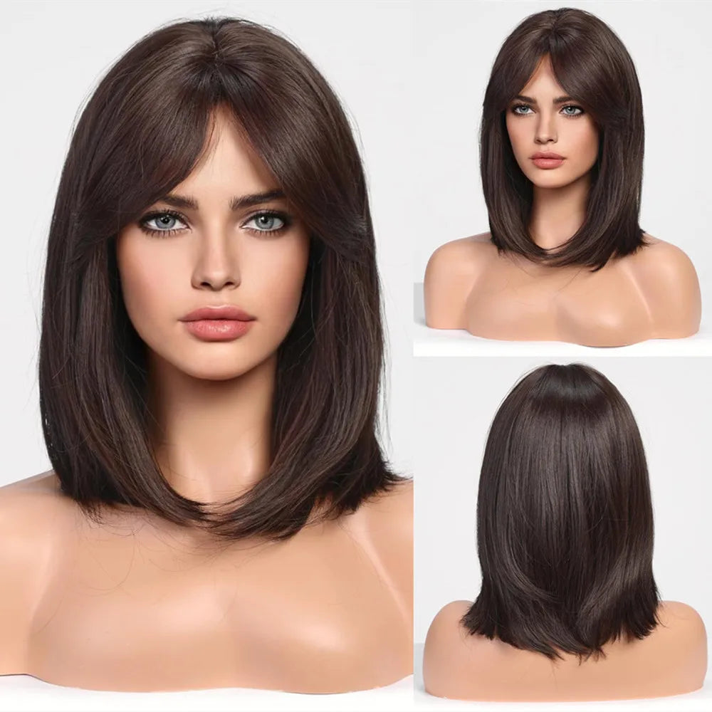 HENRY MARGU Brown Short Bob Straight Wigs with Pink Highlight Women Brown Daily Wig Synthetic Hair Wig with Bangs Heat Resistant