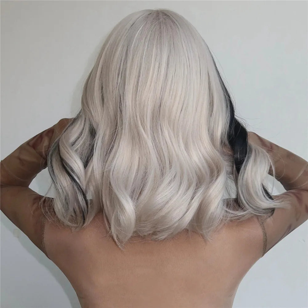 HENRY MARGU Short Half Black And Half White Wig Curly Wavy Shoulder Length Synthetic Hair Cosplay Wig with Bangs for Halloween
